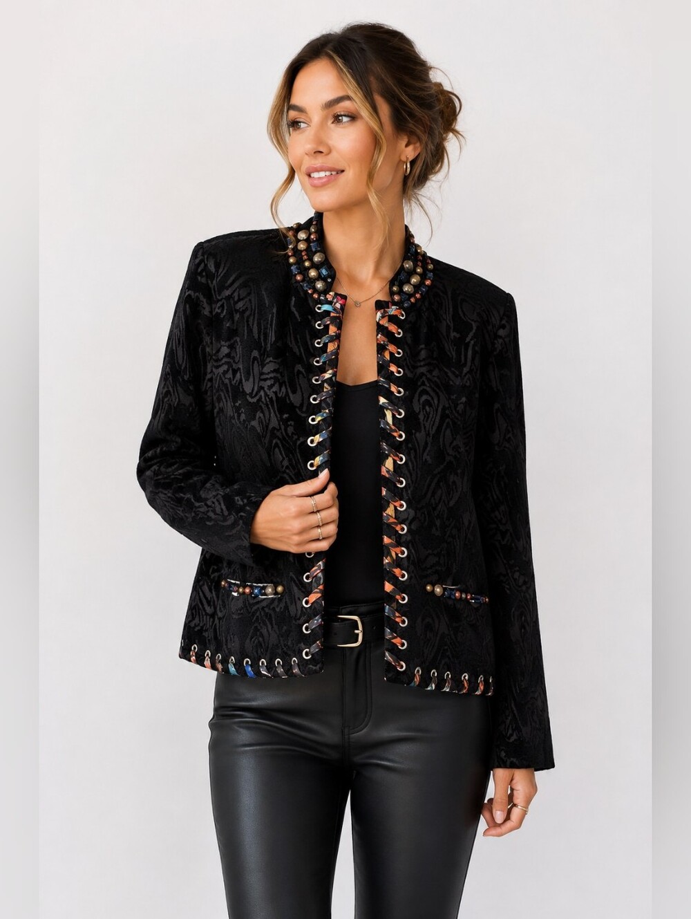 Alberto Makali Black Jacquard Embellished Lace-Up Jacket Blazer Art-to-Wear